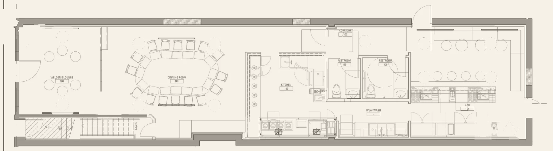 Low-voltage floor plan of a Chicago restaurant: a lounge, a dining room with one long table, a kitchen and a bar, with ceiling speakers marked.